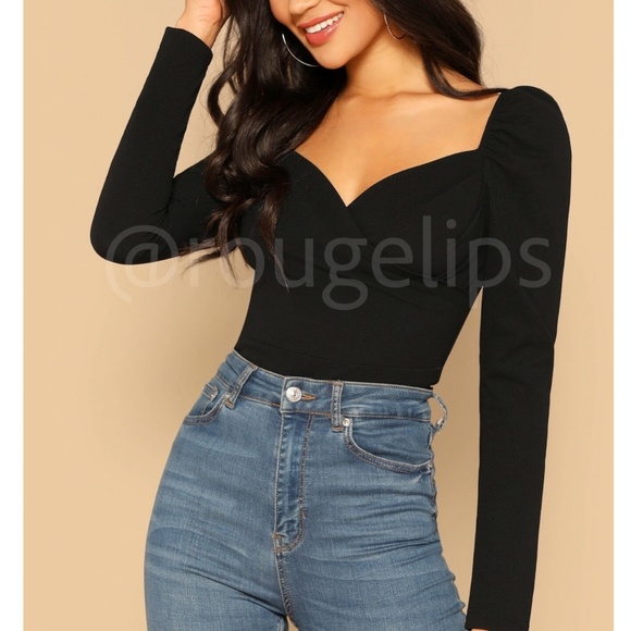 Rouge! Tops - Black Puff Long Sleeve Fitted Sweetheart Neck Shirt
